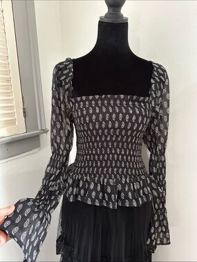 Black Smocked Off-Shoulder Top with White Paisley Print